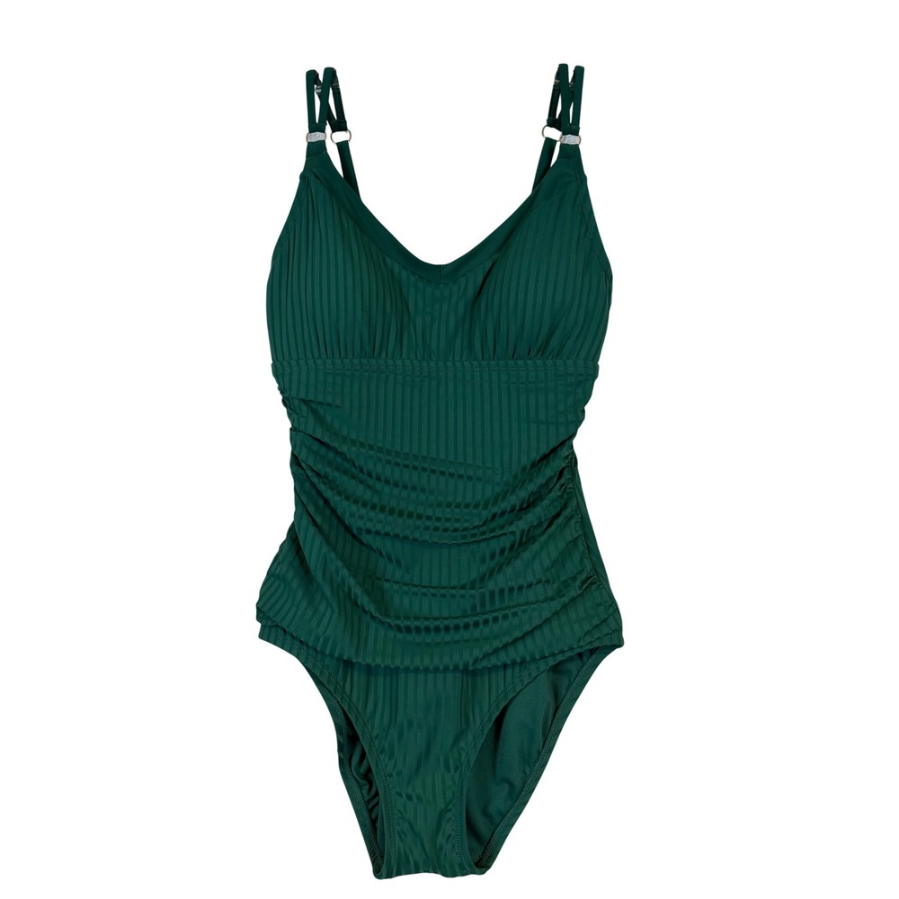 Ellen Tracy Womens Green Ribbed Ruched One Piece Swimsuit •XS• Slimming Summer
